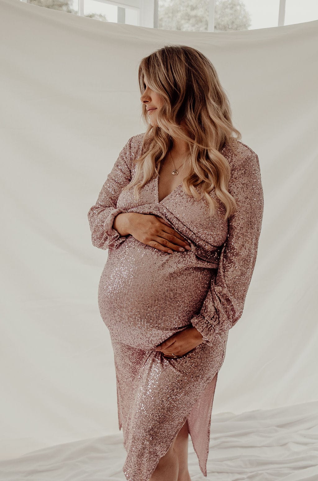 Sequin maternity photoshoot or baby shower dress